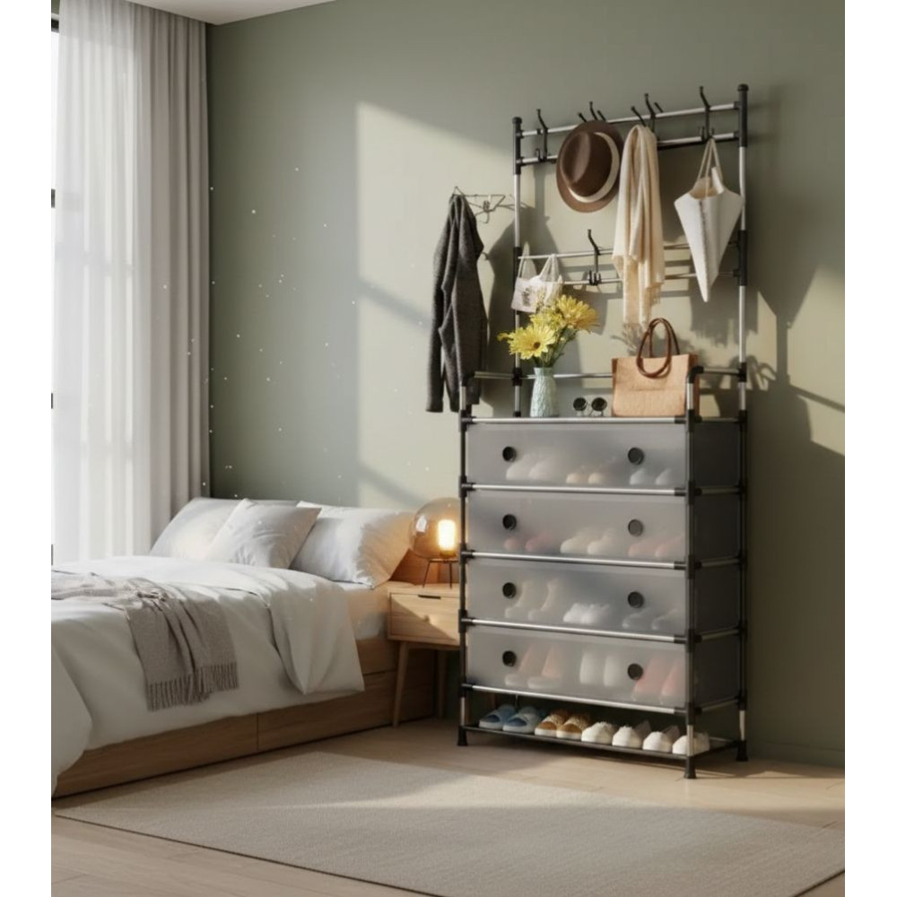 Meuble portemanteau et étagère à chaussures à quatre tiroirs 63x28x180 cm Meuble portemanteau et étagère à chaussures à quatre tiroirs 63x28x180 cm
