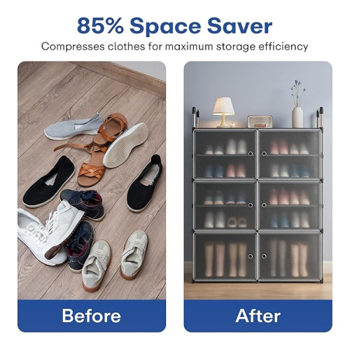 range-chaussures-plastique-modulable-g29-mbectemi Meuble range-chaussures modulable en plastique gris G-29 rempli de chaussures et de bottes dans une pièce au mur bleu.