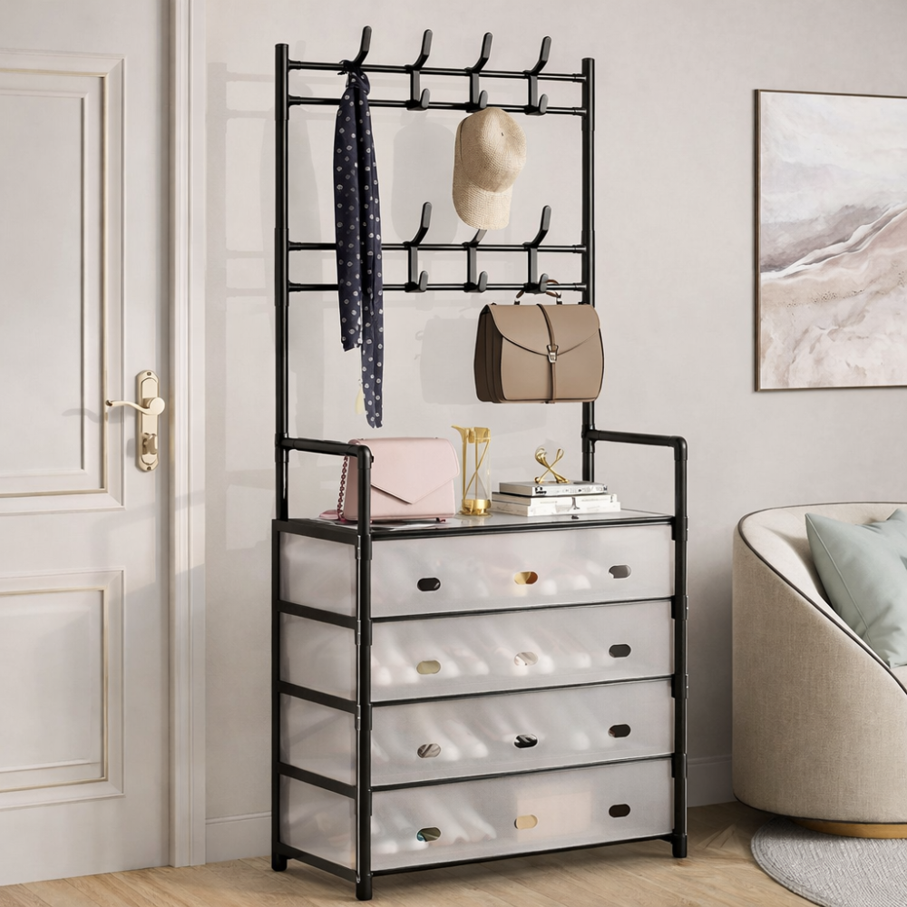 Range Chaussures 5 Niveaux – Meuble d’Entrée avec Porte-Manteau & Rangement