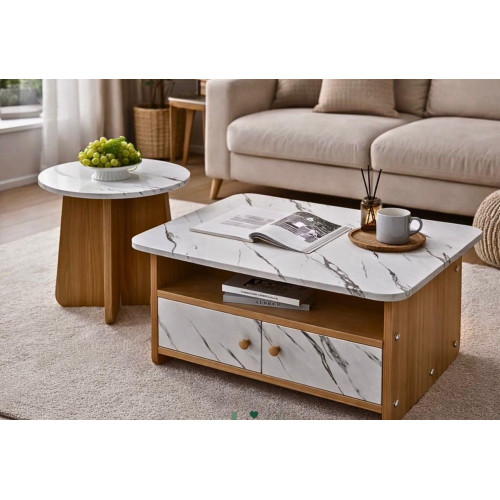 ensemble-table-basse-tiroirs-marbre-bois-c302 Ensemble de salon C-30-2 comprenant une table basse rectangulaire à tiroirs et une petite table ronde effet marbre et bois.