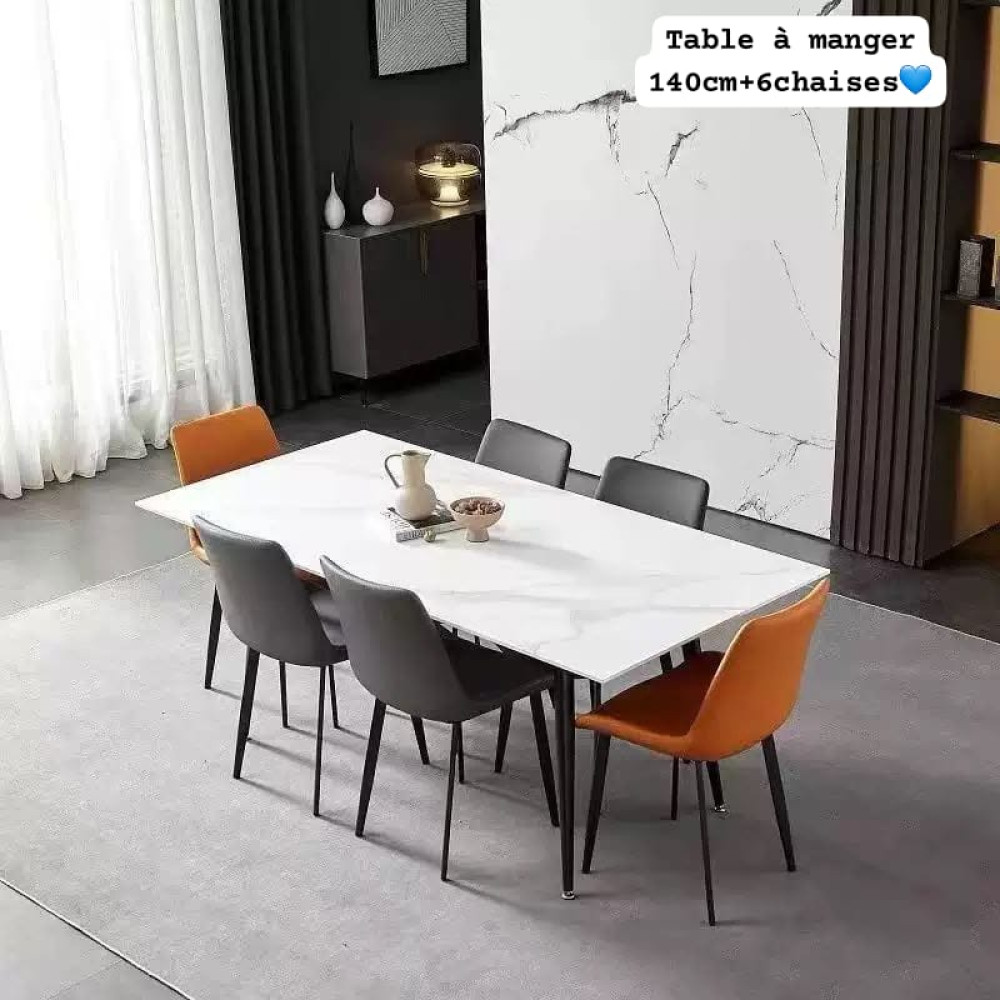 Ensemble Table à Manger Effet Marbre Blanc 140 cm et 6 Chaises Design