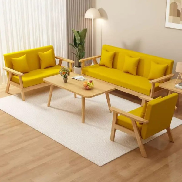 Ensemble canapé de salon nordique 4 pièces en bois massif et tissu jaune moutarde