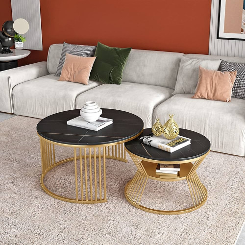 Schéma technique avec dimensions détaillées de l'ensemble de 2 tables basses gigognes rondes effet marbre noir et métal doré.