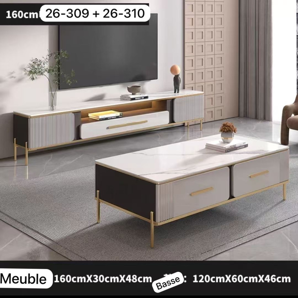 Ensemble meuble TV 160 cm et table basse 120 cm gris et blanc