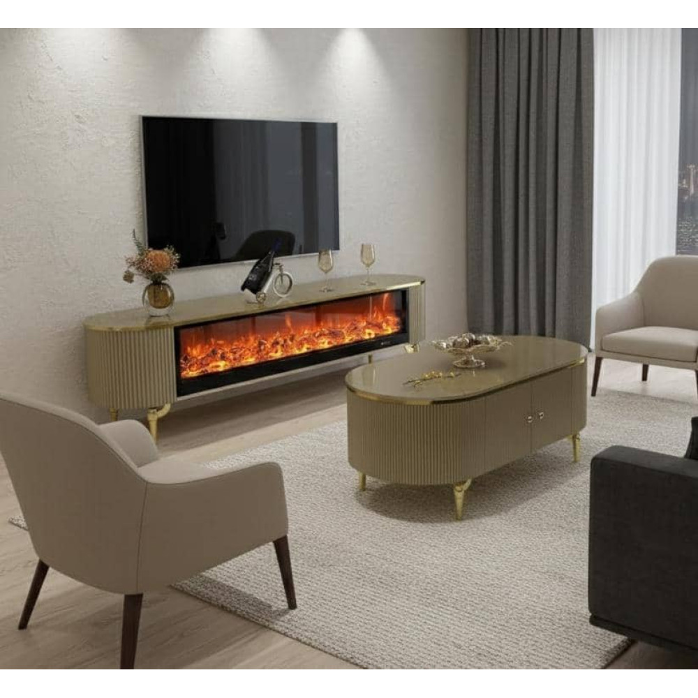 Ensemble meuble TV cheminée et table basse beige 200x45x60 cm