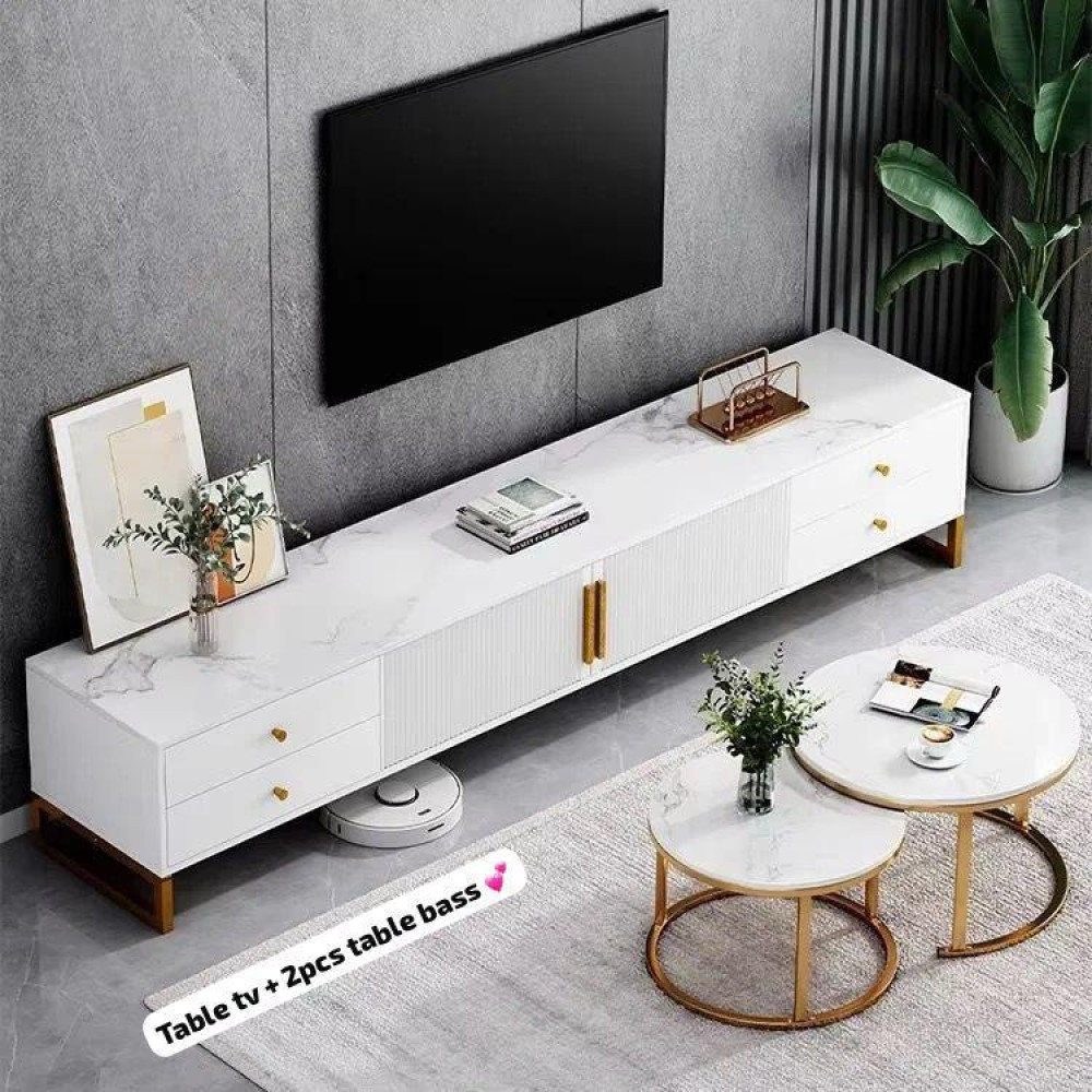 Ensemble meuble TV et 2 tables basses effet marbre 200x40x42 cm