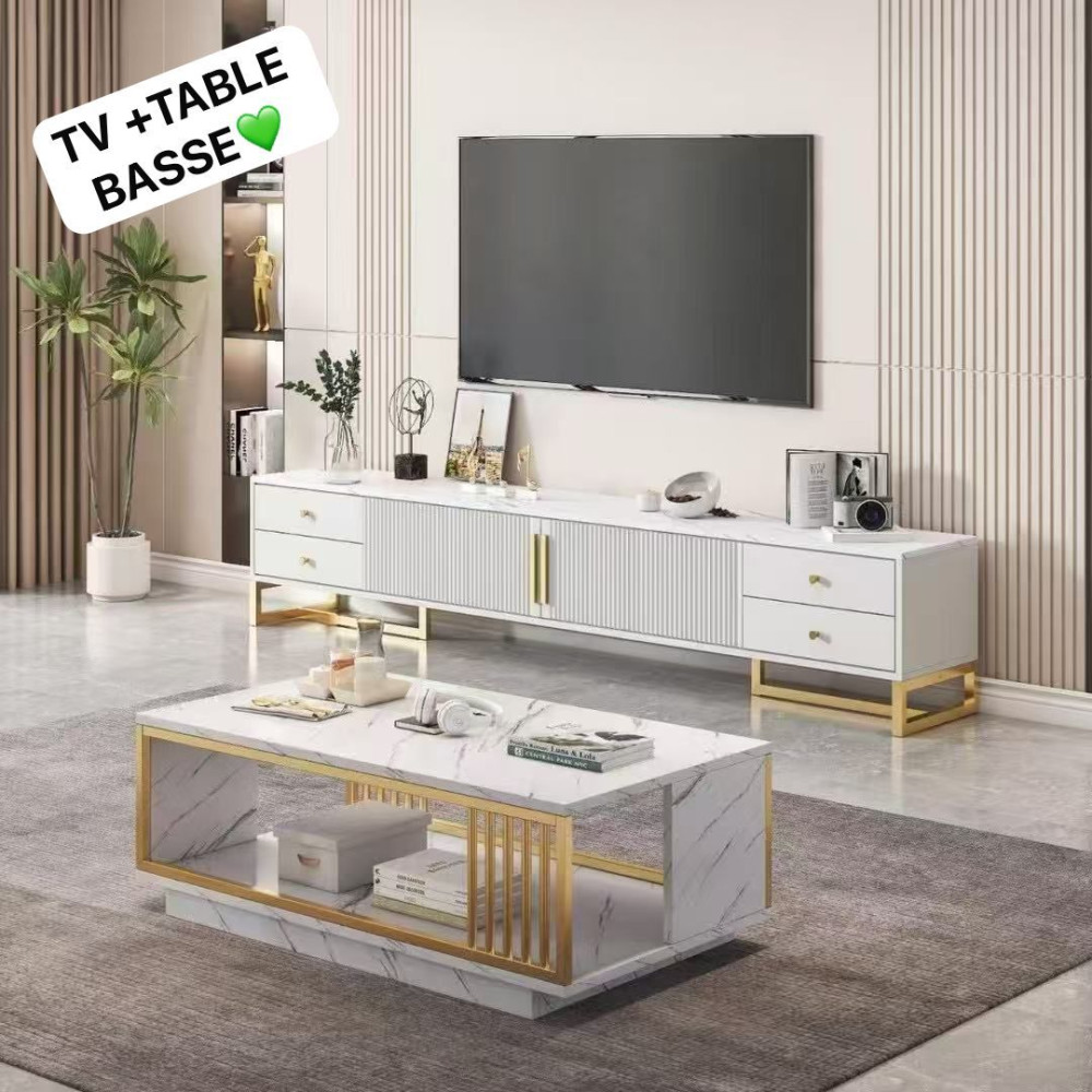 Ensemble meuble TV et table basse design marbre blanc et or