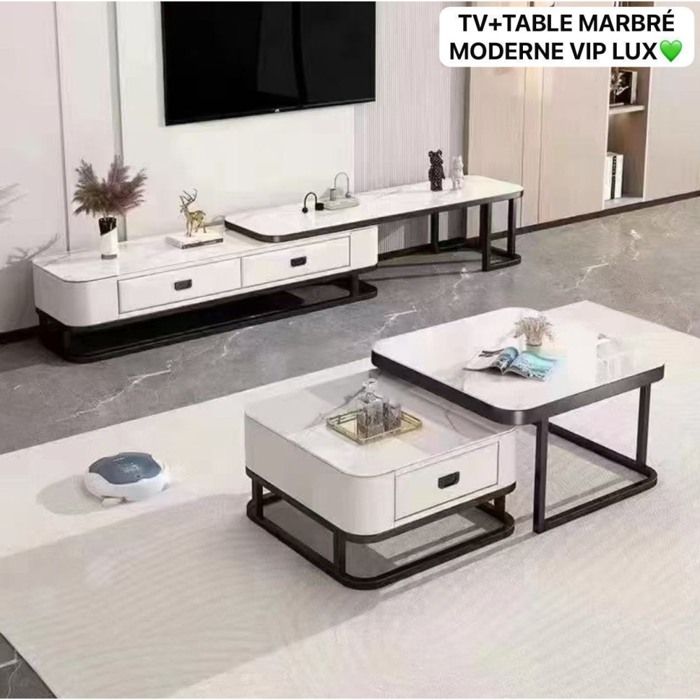 Ensemble meuble TV et table basse effet marbre 200x40x45 cm