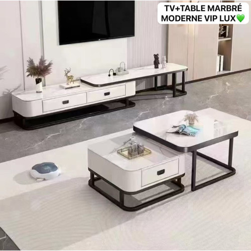 Ensemble de meubles de salon comprenant un long banc TV et une table basse double effet marbre blanc