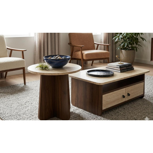 Ensemble table basse rectangulaire avec tiroirs et petite table ronde d'appoint devant un canapé beige