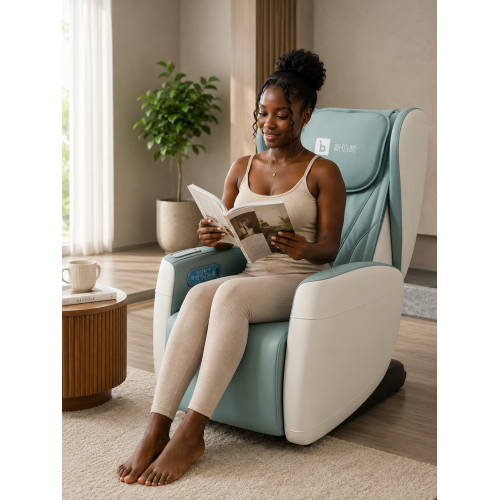 Fauteuil de massage intelligent premium bleu pastel et blanc au design scandinave sur mbectemi.com