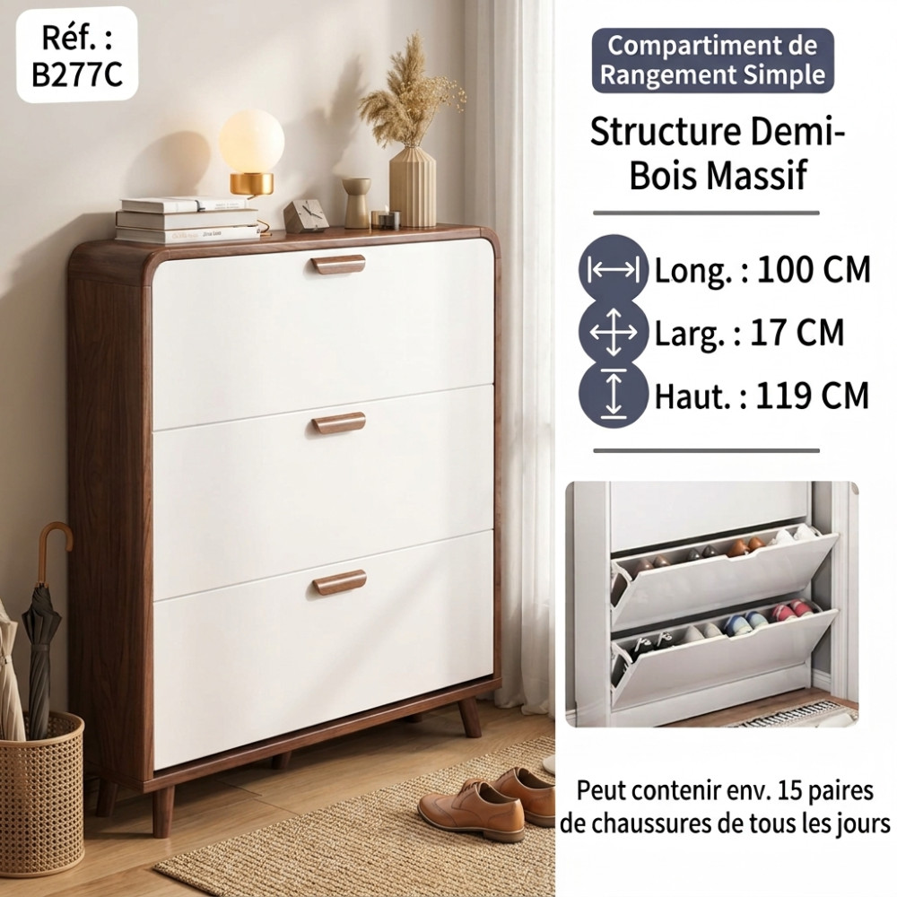 Meuble à Chaussures Gain de Place en Bois - Blanc et Marron (100cm x 17cm x 119cm)
