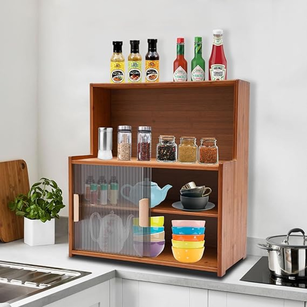 Meuble Buffet de Cuisine en Bambou – Étagère de Rangement Haute avec Portes Coulissantes Cannelées