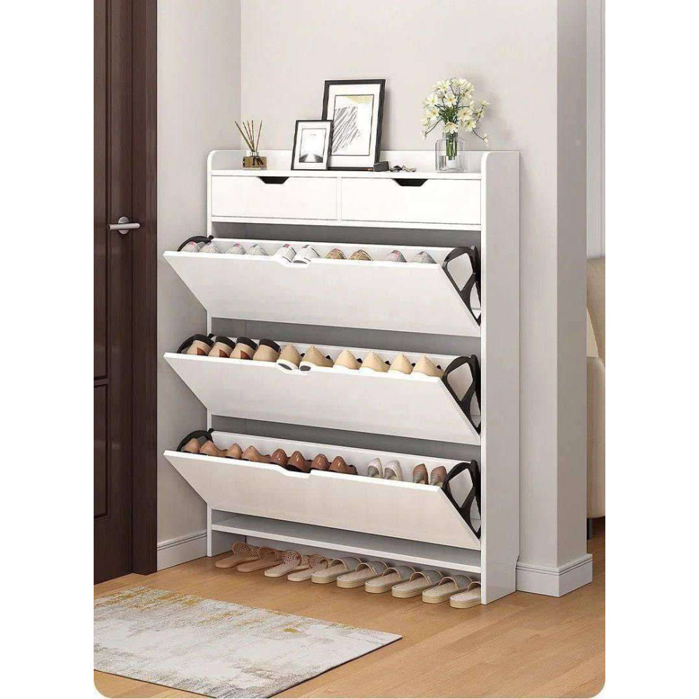 Meuble Chaussures Slim à 3 Abattants et 2 Tiroirs 80x24x120 cm – Armoire de Rangement Entrée Blanche