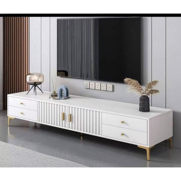 Meuble TV moderne blanc et pieds dores 200x40x45 cm