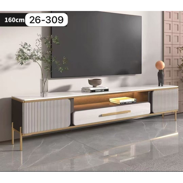 Meuble TV moderne de salon avec rangements et finitions dorées 160cm