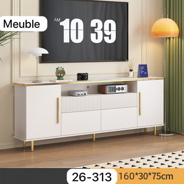 Meuble TV scandinave blanc avec finitions dorées et rangements 160 cm