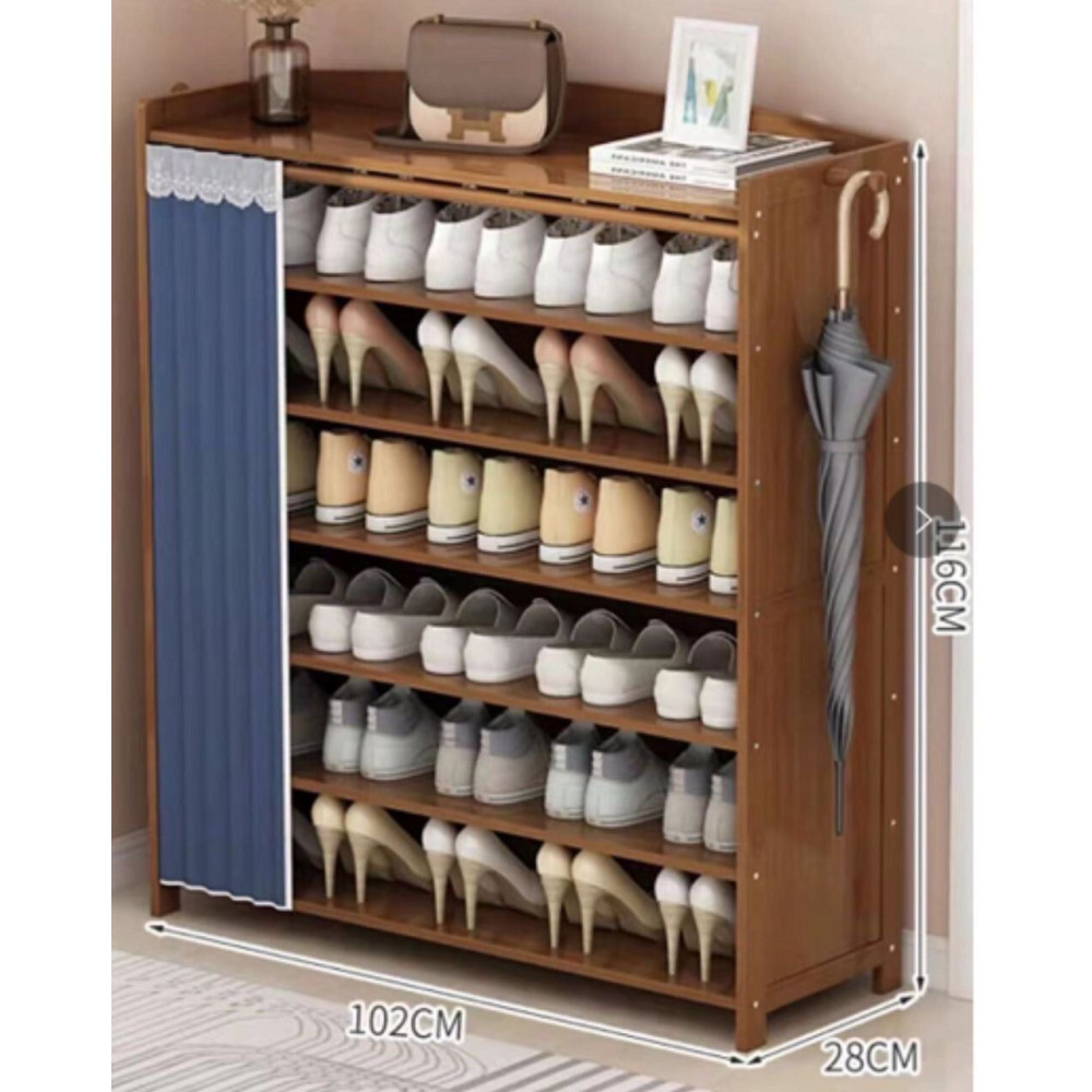 Meuble a chaussures en bois avec rideau bleu 102x28x116 cm Meuble a chaussures en bois avec rideau bleu 102x28x116 cm