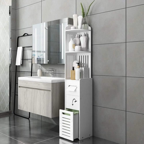 Meuble colonne de salle de bain blanc d'angle etroit avec etageres et tiroir amovible
