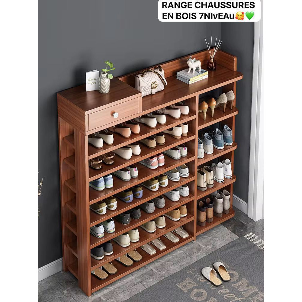 Meuble range-chaussures en bois à 7 niveaux avec tiroir intégré