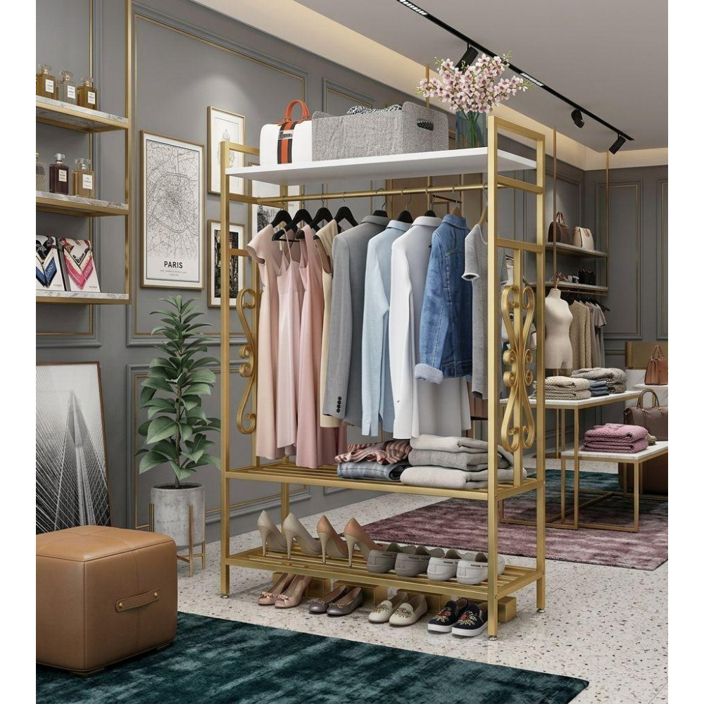 Penderie Professionnelle Luxueuse – Portant à Vêtements en Métal Doré avec Étagères