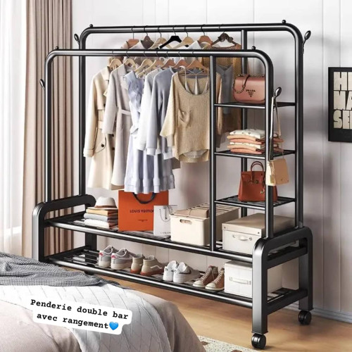 Penderie double barre noire BL26H sur roulettes avec vêtements suspendus et étagères de rangement