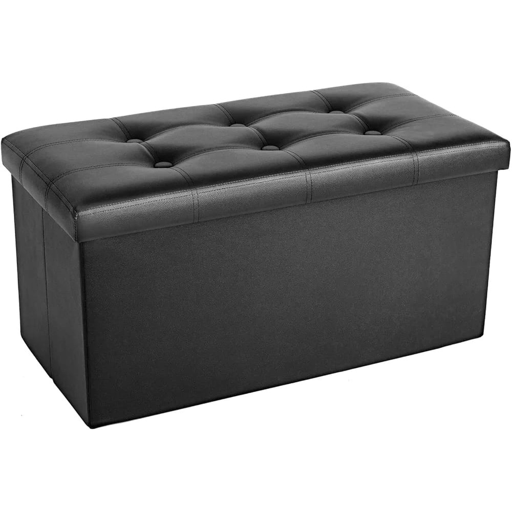 Pouf Banc de Rangement Pliable Faux Cuir Noir 76x38x38 cm – Coffre Repose-Pieds Matelassé