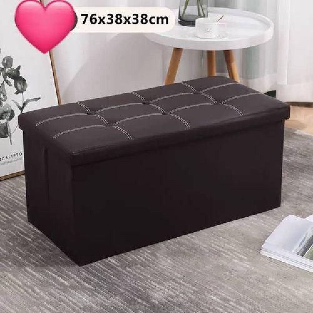 Pouf Banc de Rangement Pliable Tissu Marron Foncé 76x38x38 cm – Coffre à Surpiqûres Blanches Calipto