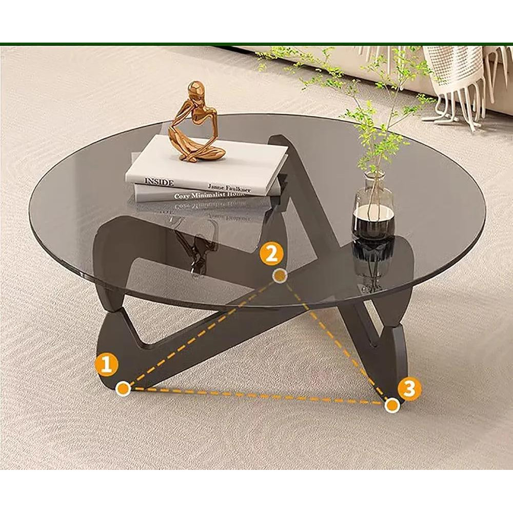 Table Basse Ronde Design Iconique – Plateau en Verre Trempé Fumé et Piètement Sculpté en Bois