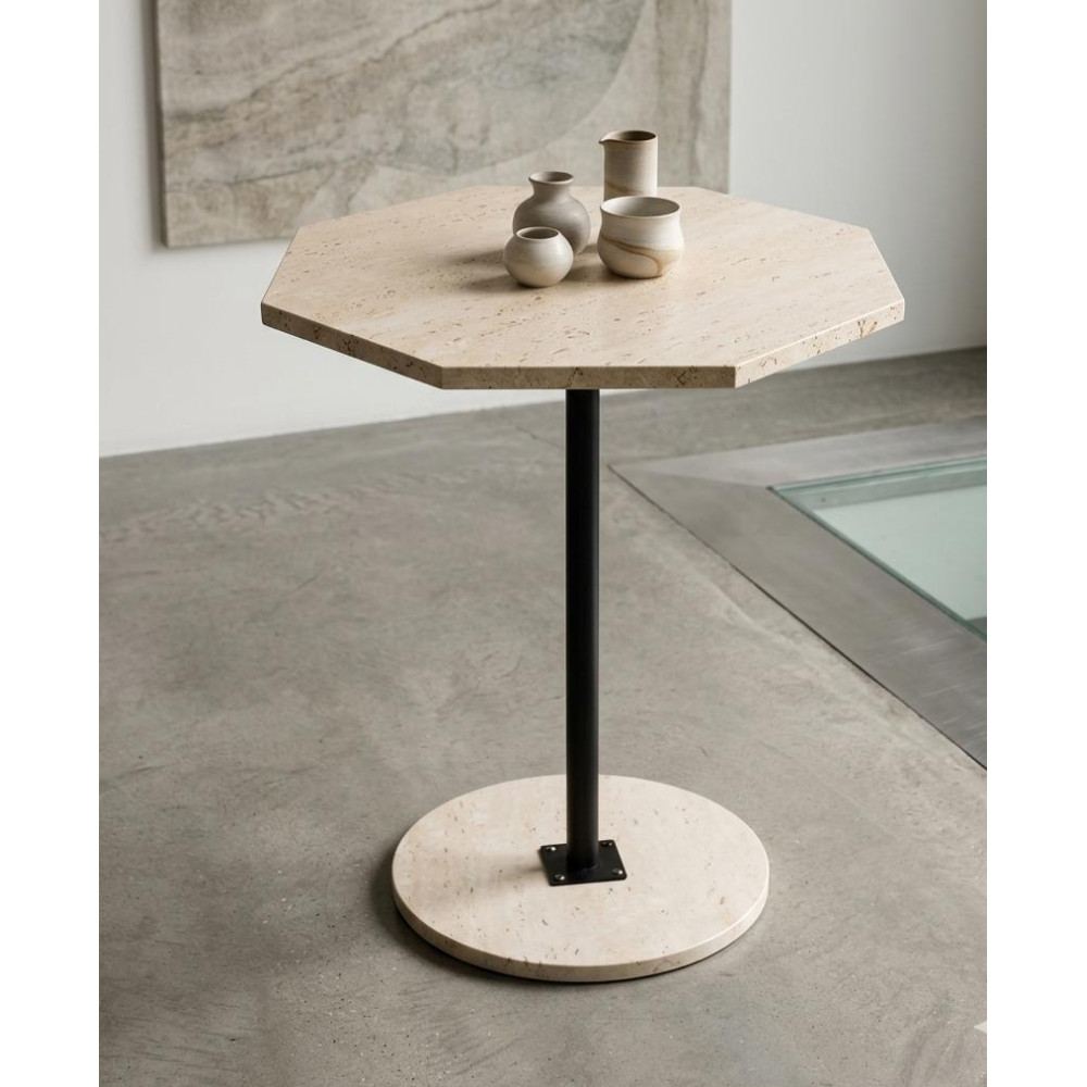 Table Guéridon Haute Octogonale Travertin 60x60x75 cm – Table d'Appoint Luxe et Pied Central Métal