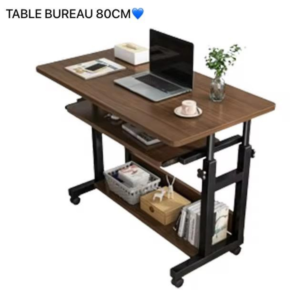 Table bureau mobile et réglable en hauteur en bois marron et métal noir 80 cm