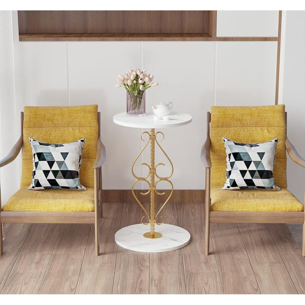 Table d'Appoint Ronde Luxe – Double Plateau Effet Marbre Blanc et Piètement Doré Arabesque