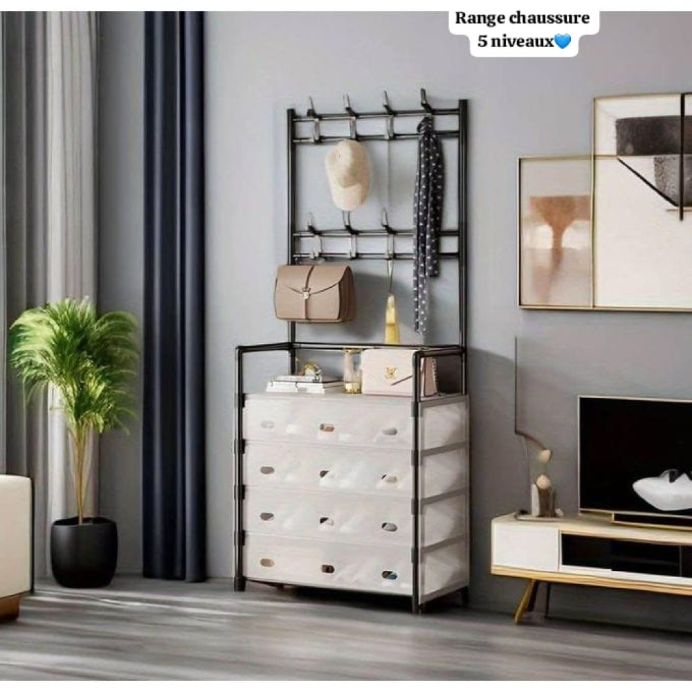 Range Chaussures 5 Niveaux – Meuble d’Entrée avec Porte-Manteau & Rangement Range Chaussures 5 Niveaux – Meuble d’Entrée avec Porte-Manteau & Rangement