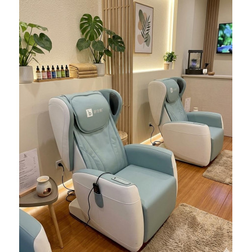 Fauteuil de massage intelligent premium bleu pastel et blanc au design scandinave sur mbectemi.com