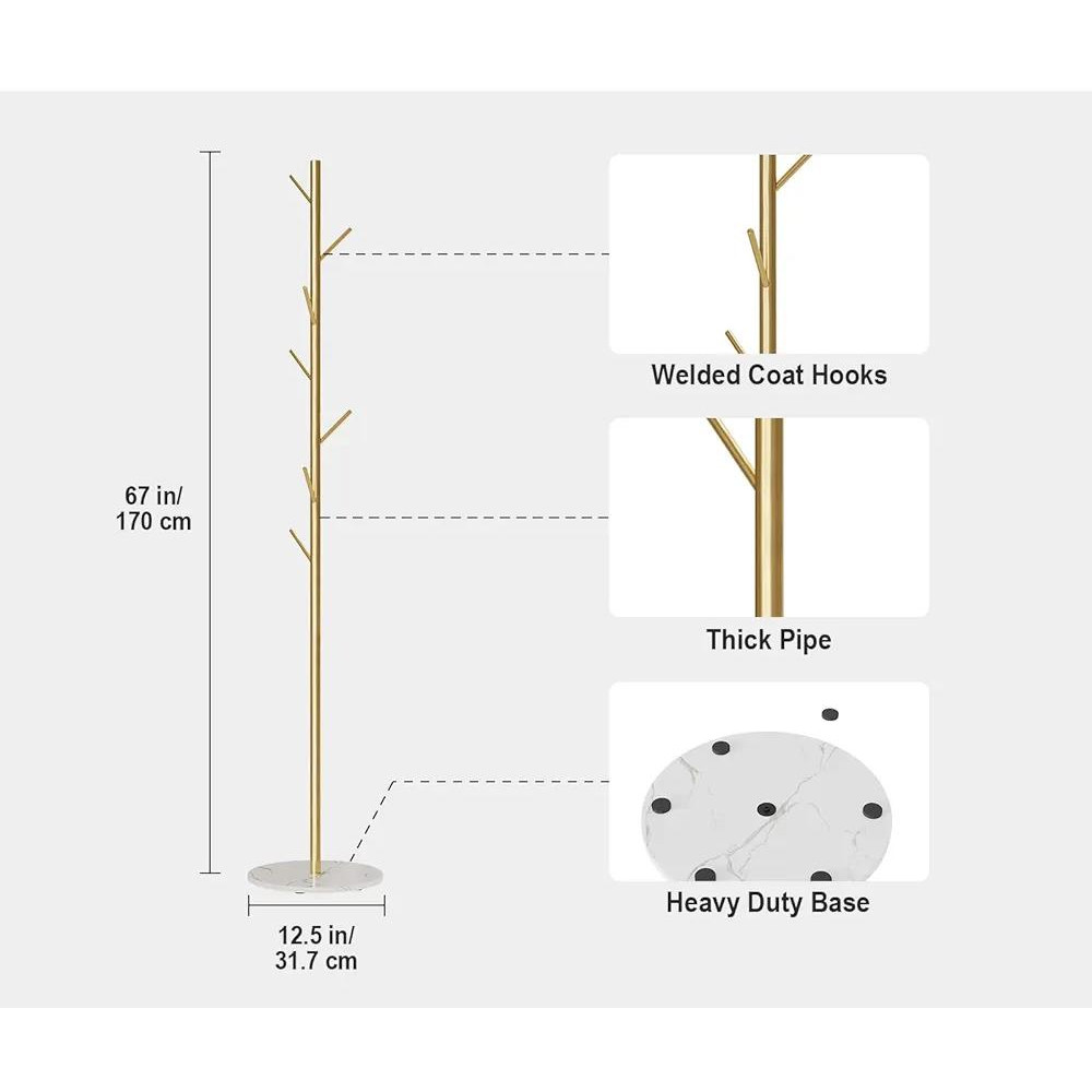 Porte-Manteau Sur Pied Design Arbre – Métal Doré et Socle Effet Marbre