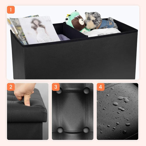 Pouf banc de rangement pliable en similicuir noir capitonné mesurant 76x38x38 centimètres.