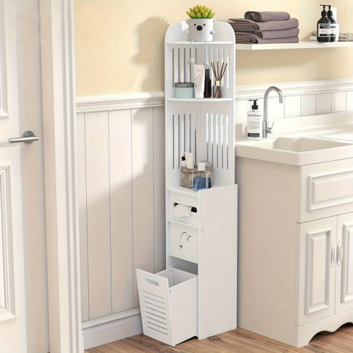 Meuble colonne de salle de bain blanc d'angle etroit avec etageres et tiroir amovible