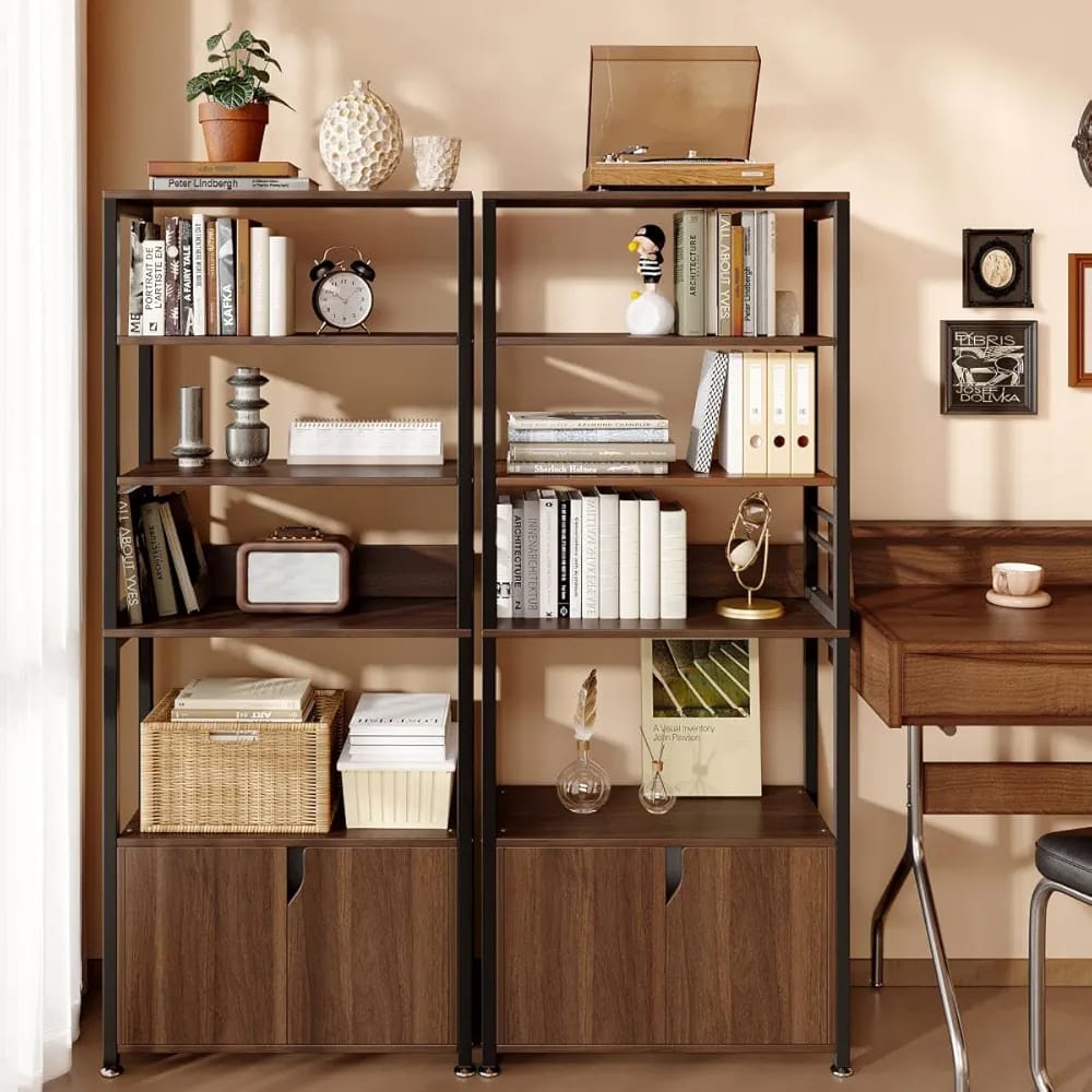 etagere-bibliotheque-cuisine-bois-marron-rustique-metal-noir-mbectemi-market Étagère bibliothèque de style industriel en bois marron rustique et métal noir avec placard fermé en bas