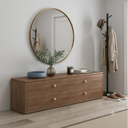 Long meuble TV moderne en bois marron a quatre tiroirs sous un grand écran plat fixe au mur dans un salon lumineux