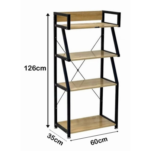 Étagère de rangement moderne à quatre niveaux en bois clair et métal noir affichant ses dimensions détaillées