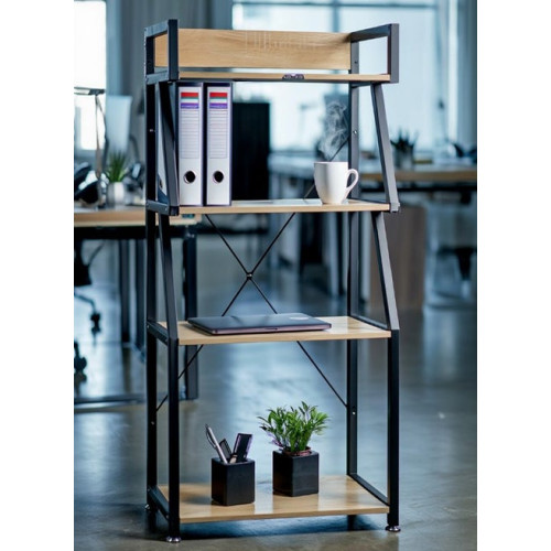 Étagère de rangement moderne à quatre niveaux en bois clair et métal noir affichant ses dimensions détaillées