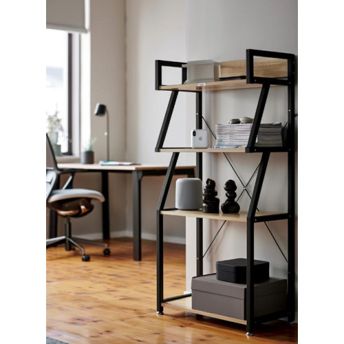 etagere-rangement-bois-metal-4-niveaux-60x35x126cm Étagère de rangement moderne à quatre niveaux en bois clair et métal noir affichant ses dimensions détaillées