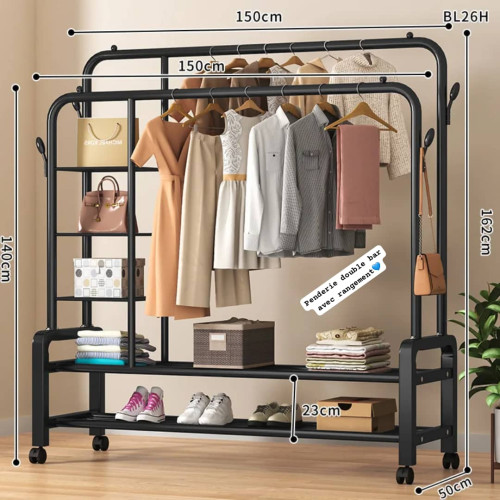 Penderie double barre noire BL26H sur roulettes avec vêtements suspendus et étagères de rangement