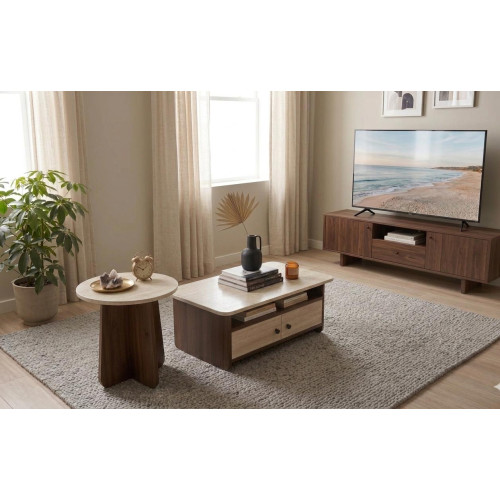 Ensemble table basse rectangulaire avec tiroirs et petite table ronde d'appoint devant un canapé beige