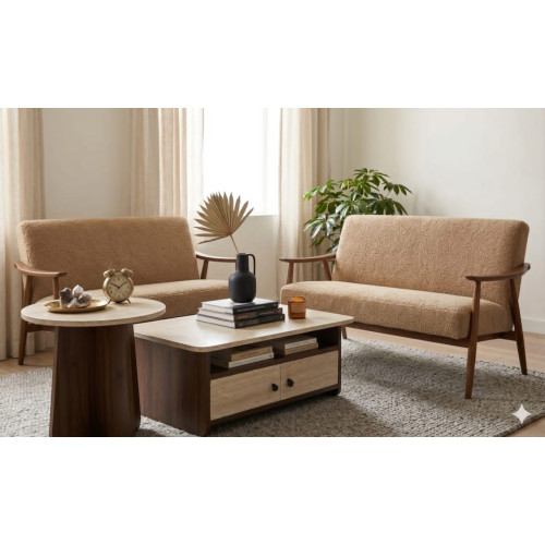 Ensemble table basse rectangulaire avec tiroirs et petite table ronde d'appoint devant un canapé beige