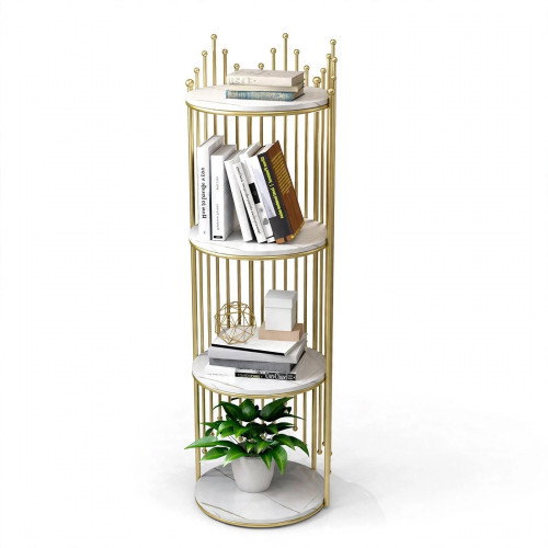 Étagère colonne ronde rotative dorée à 4 étages avec plateaux en marbre contenant des livres et une plante