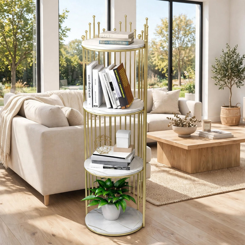 Étagère colonne ronde rotative dorée à 4 étages avec plateaux en marbre contenant des livres et une plante