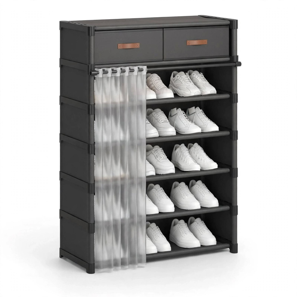 Meuble Range-Chaussures à 6 Niveaux en PP et Métal avec Rideau - 64cm x 28cm