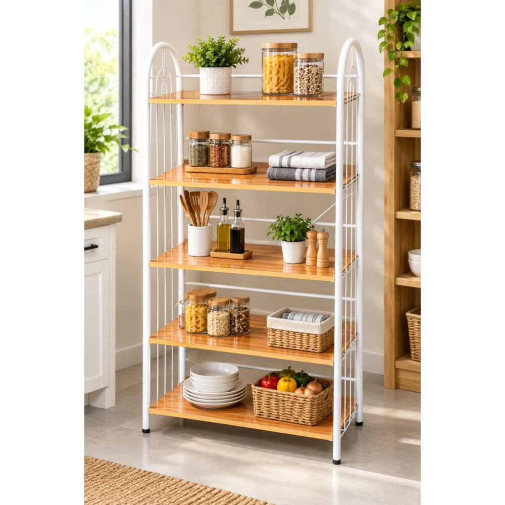 Étagère de Cuisine Multi-Niveaux en Bois et Métal Blanc - 5 Étages