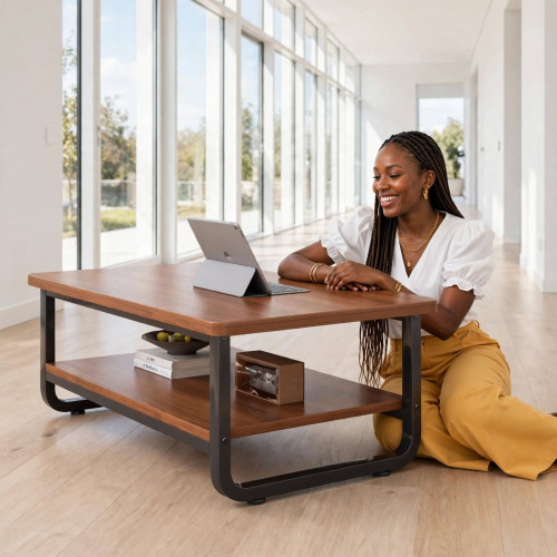 Table basse rectangulaire en bois marron foncé et pieds en métal noir avec une théière posée sur le plateau supérieur dans un salon
